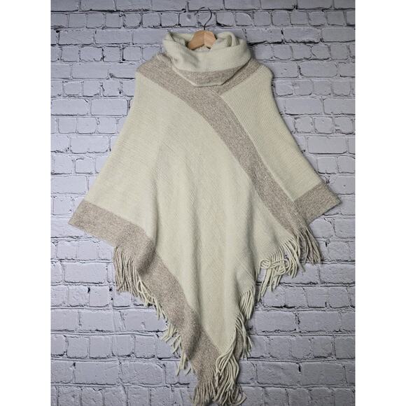 Anthropologie Pont Neuf Cream Metallic Pink Fringe Cowl Neck Knit Poncho - Picture 1 of 7